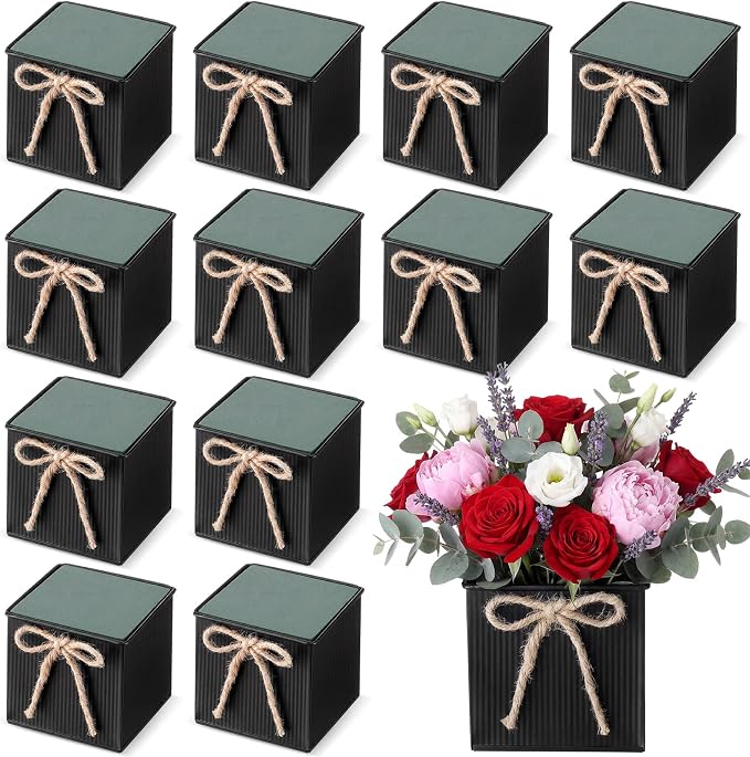 12 Pack Galvanized Square Vases with Floral Foam, 3.5 inch Waterproof Rustic Tin Buckets with Twine Bows, Mini Farmhouse Metal Planter Centerpieces for Wedding Party Table Decor(Black)