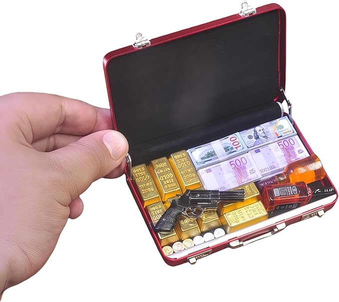 1:6 Scale Miniature Briefcase Set - Includes Fake Gold Bars, Bundles of $100 Mini Dollar Bills, Vintage Coins and Mini Weapons - Unique Adult NoveltyToy & Dollhouse Accessories (Red)