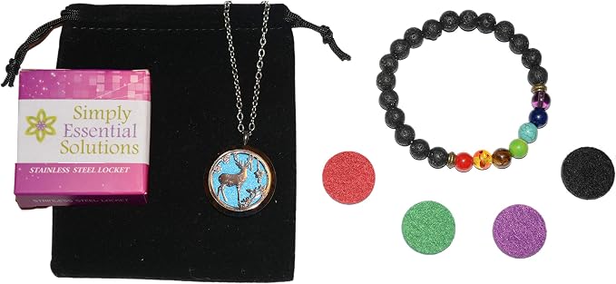 Aromatherapy Essential Oil Diffuser Stainless Steel Silver Magnetic Locket Pendant 2 Sizes Chain Necklace, Refill Pads & Diffuser Bracelet in a Velvet Bag (Winter elk with Ornaments)