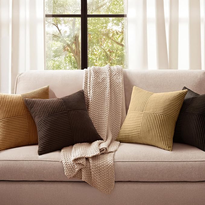 MIULEE Boho Decorative Throw Pillow Covers 18x18 Set of 4 Farmhouse Neutral Cushion Cases Gradient Corduroy Pillow Cases Modern Soft Corduroy Patchwork Home Decor for Couch Sofa Bedroom Camel Brown
