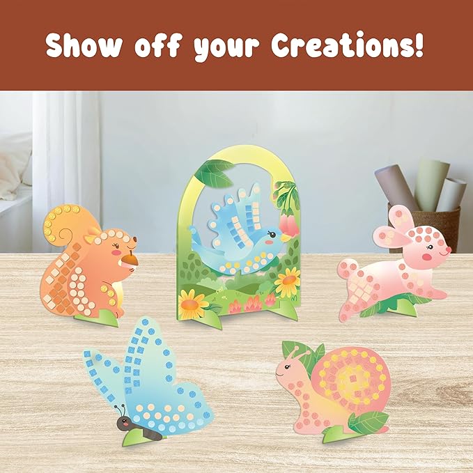 BINCA Foam Sticker Mosaic Art Activity, 750+ 3D Glitter Foam Stickers, 5 Garden Animals with Display Arch, DIY Mess-Free Activities, Felt Craft Kits & Gifts for Boys & Girls Ages 5,6,7,8