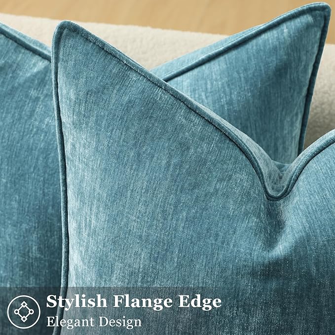 decorUhome Chenille Teal Velvet Throw Pillow Covers 18x18 Set of 2 | Fall Soft Couch Decorative Modern Farmhouse Pillow Cases with Elegant Design for Sofa Bed Living Room Home Decor