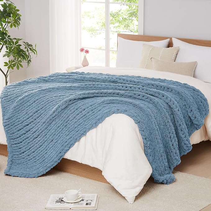 L'AGRATY Chunky Knit Throw Blanket for Couch, 50 x 70 Inches, Airy Blue | Handmade Chenille Crochet Blanket for Sofa Bed, Thick Cable Knitted Blankets for Room Home Decor, Birthday Gift for Women Mom