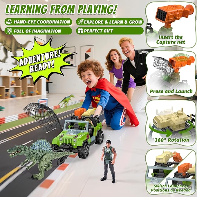 EKU Dinosaur Park Truck with 10 Sounds, Capture Net, Clamp, Launcher, Chomping Spinosaurus Figure, Human, Push and Go Adventure Vehicle for Jurassic World Toys Pretend Play Gifts for Kids 3+
