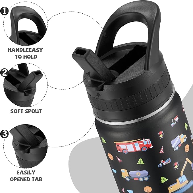 Kids Water Bottle,14oz Stainless Steel Insulated Water Tumbler Leak-Proof,School Water Mug,Small and Portable,Suitable for Boys and Girls to Use(Black cartoon car)
