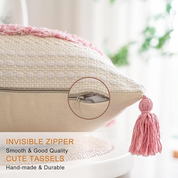 BUIOVBEY Boho Throw Pillow Covers Woven Tufted Pillow Cases with Tassels | Farmhouse Pillow Covers 20x20 Set of 2 Textured Striped Cushion Case Neutral Decorative Pillowcase for Sofa Couch Bed Pink