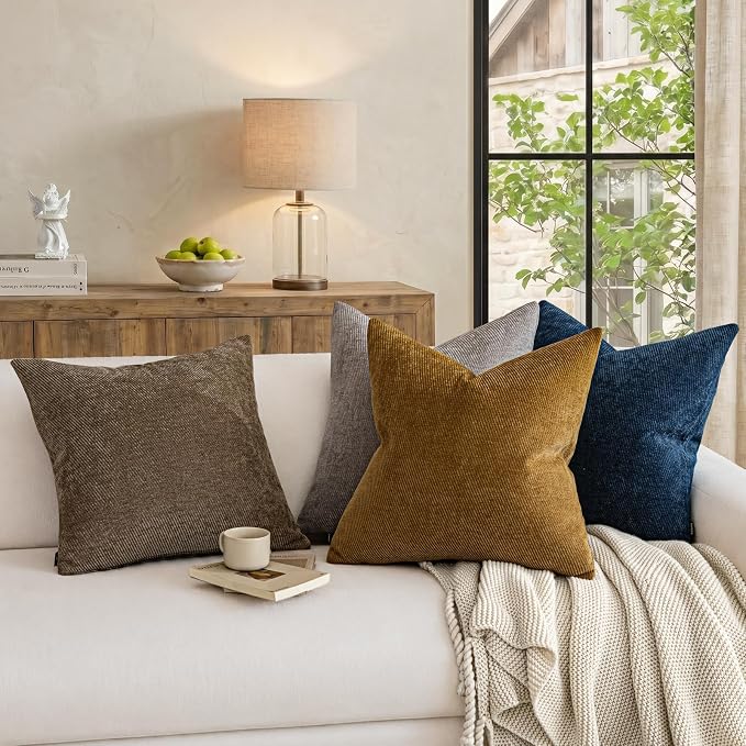 Fall Decorative Throw Pillow Covers Pack of 2,24x24 Inch Warm Brown | Twill Chenille Cushion Covers for Sofa Living Room Couch Bed