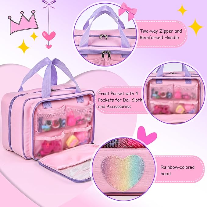 Carrying Case Compatible with Barbie Dolls 12-Inch/6-inch, All-in-One Organizer Holds 6-12 Dolls & Accessories，Large Doll Travel Case with Handle, Bag Only (PINK)