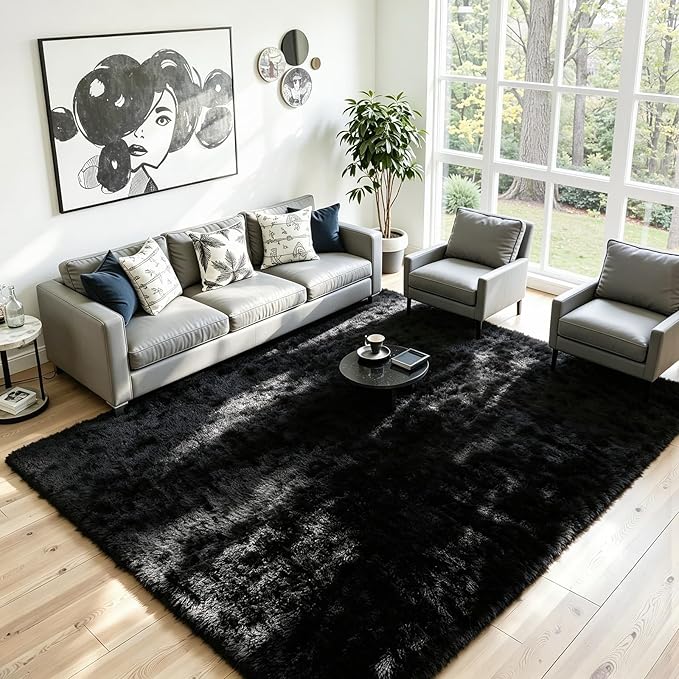 6x9 Area Rug for Living Room, Ultra Soft Fluffy Black Rugs for Bedroom, Non Slip Large Shag Carpet, Fuzzy Plush Nursery Rug, Thick Washable Indoor Floor Carpets for Kids Office Dorm Home Decor