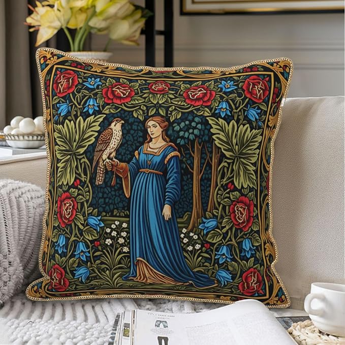 Vintage Floral Leaves Velvet Pillow Covers 16x16 Inch Tapestry Art Red Blue Flowers Bird Throw Pillows For Couch Cushion Covers Pillowcase European French Country Pillow Cases for Sofa Bed Bedroom