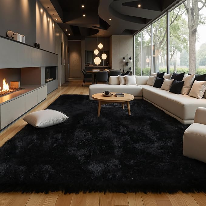 Black Fluffy 8x10 Large Area Rug, Soft Washable Shag Carpet | Cute plush fuzzy rug for bedroom, living room, nursery, baby, and toddler rooms