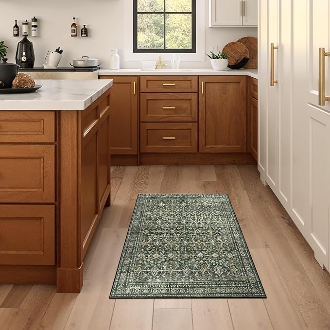2x3 Area Rugs for Entryway Bathroom, Green Washable Kitchen Mats for Floor | Soft Door Mat Indoor Entrance, Farmhouse Carpet for Entry Living Room Bedroom, Stain Resistant, Low Pile, Vintage Rug