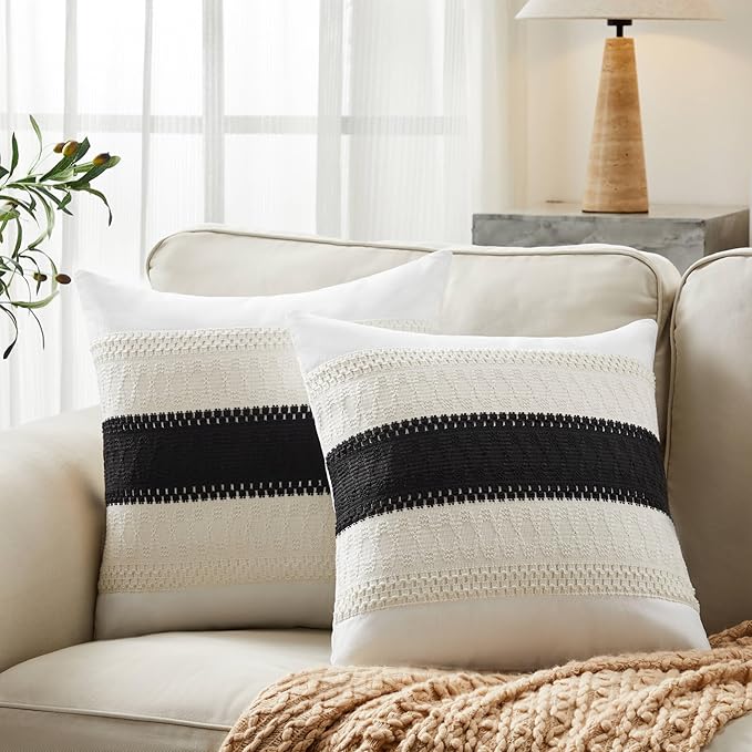 2pk Boho Pillow Covers 18x18, Natural White/Contrast/Black | 100% Organic Cotton Body, Stripe Embroidery, Farmhouse Decorative Cushion Covers for Sofa Bed Living Room Home Decor