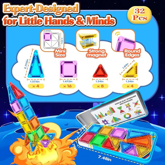 Mini Magnetic Tiles, Magnetic Travel Toys with Portable Tin, STEM Preschool Toddlers Toys for Kids Ages 3-5 4-8, Ideal Birthday&Christmas Gifts for 3+ Years Old Boys and Girls