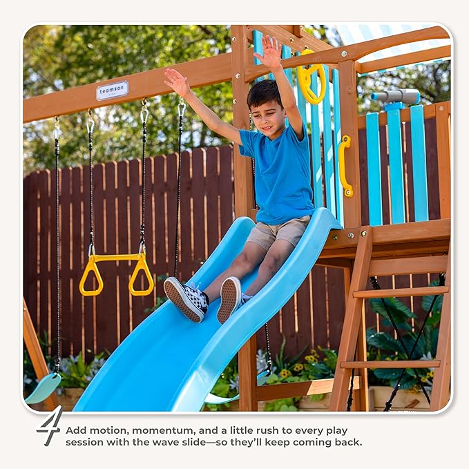 Teamson Kids Laguna Wooden Swing Set with Slide & Climbing Wall, Solid Wood, Natural and Aqua