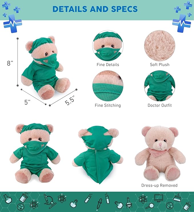 DolliBu Baby Pink Bear Doctor Plush Toy - Super Soft Bear Doctor Stuffed Animal Dress Up with Cute Scrub Uniform and Cap Outfit - Fluffy Doctor Toy Plush Gift with Personalization - 8 Inches