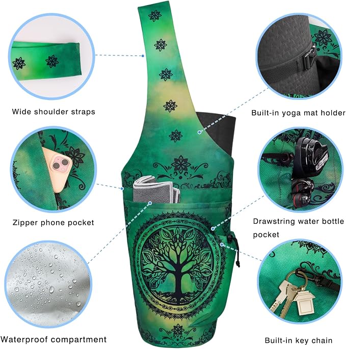 Yoga Mat Bag - Large Opening Long Tote Yoga Mat Carrier Holder Bag with Waterproof Wet Zipper Pocket and Drawstring Water Bottle Pocket - Yoga Bag Fit Most Size Mats