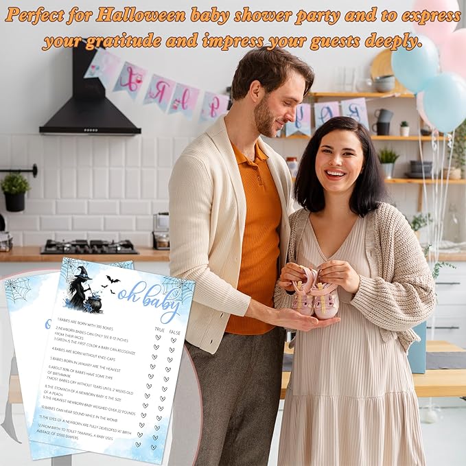 Hilarious Baby Shower Games, 25 Sets Halloween Oh Baby True or False + Answer Card, Blue Witch Gender Reveal Game Cards for Party Announcement Supplies - B06