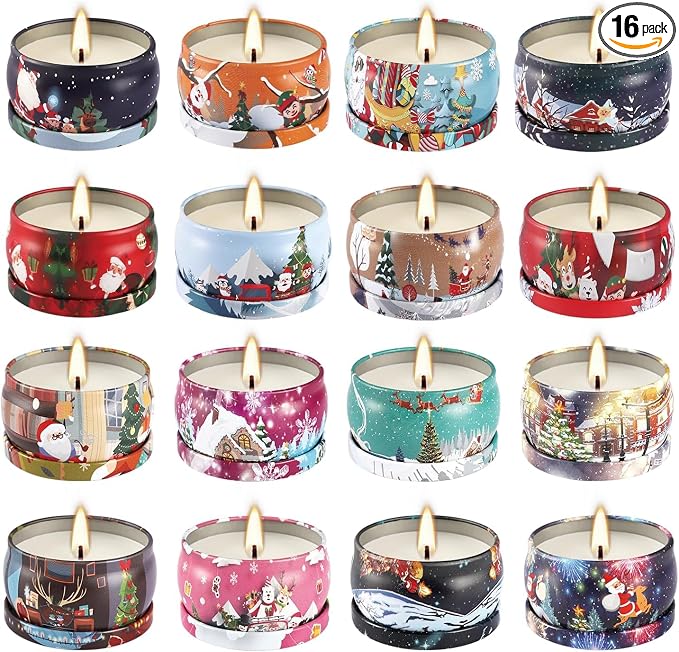 WPONSZU 16Pack Christmas Scented Candles, Gift Set 2.5oz Strong Fragrance Aromatherapy Candles,Portable Travel Tin Jar Candles Gifts for Home Scented Decoration Valentine'sDay