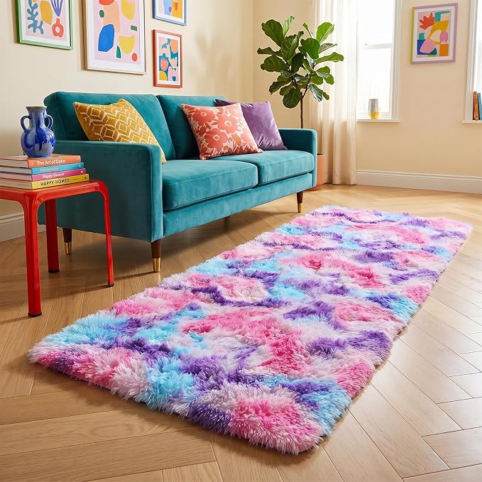 PAGISOFE Ultra Soft Runner Rugs for Hallway 2x6 Ft, Fluffy Cute Colorful Pastel Princess Carpet for Girls Bedroom Teens Nursery, Rainbow Purple Rugs for Room Decor Aesthetic, Hot Pink Purple Decor