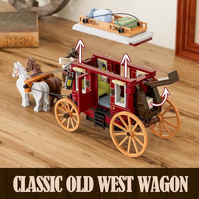 FUNWHOLE Western Stagecoach Lighting Building-Bricks Set - Old West Carriage and Horse 293 Pcs Collection Display Set for West Lovers
