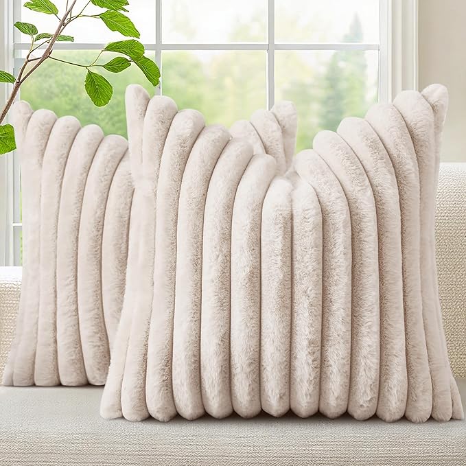 decorUhome Fall Faux Fur Throw Pillow Covers 16x16 Set of 2 Beige | Decorative Soft Cozy Striped Plush Modern Farmhouse Boho Couch Pillow Cases Velvet Back for Sofa Bed Living Room Home Decor