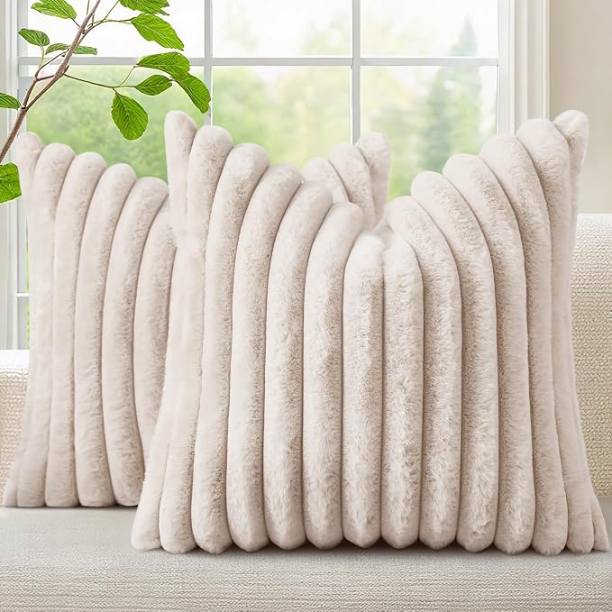 decorUhome Fall Faux Fur Throw Pillow Covers 22x22 Set of 2 Beige | Decorative Soft Cozy Striped Plush Modern Farmhouse Boho Couch Pillow Cases Velvet Back for Sofa Bed Living Room Home Decor