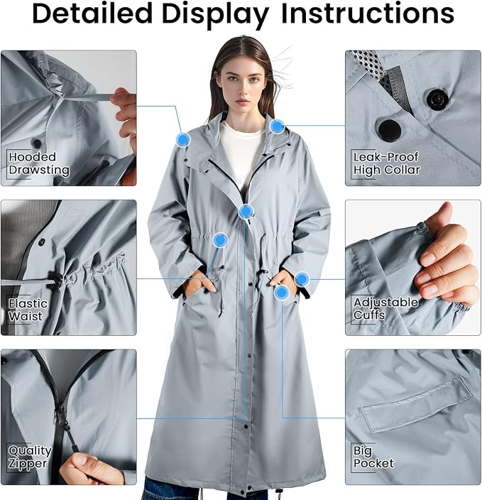 LAMA Womens Long Raincoats Rain Jacket Waterproof Packable Hooded Windbreaker Lightweight Adjustable Waist for Outdoor