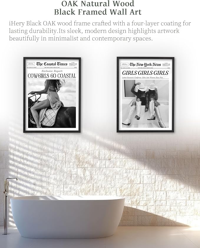 iHery 12x16in Girls Just Wanna Have Fun Framed Newspaper Wall Art | Premium Black Natural OAK Wood Frame with Canvas Print, Western Cowgirl Decor for Bedroom, Dorm Bar Cart, 1Pack