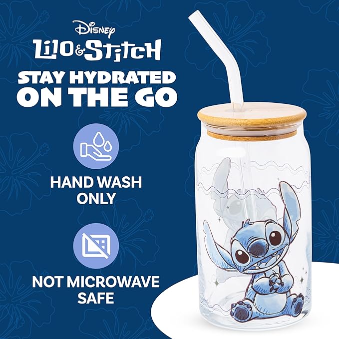 Silver Buffalo Disney Lilo and Stitch Sitting Glass Jar Tumbler with Bamboo Lid and Glass Straw, 16 Ounces (Pack of 12)