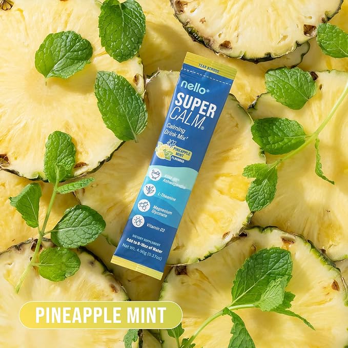 Nello Supercalm Powdered Drink Mix, Cortisol Reducer* and Sleep Aid Supplement, L Theanine, Ksm-66 Ashwagandha, Magnesium Glycinate, Vitamin D 3, No Sugar, Non GMO, On The Go, 20 Ct, Pineapple Mint