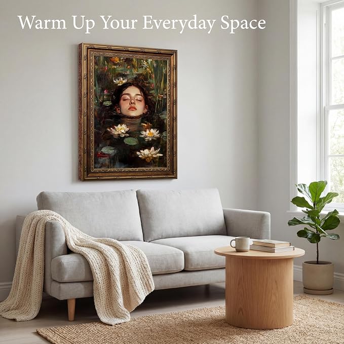 Vintage Gold Framed Gothic Wall Art, Ophelia Inspired Woman Portrait Print | Dark Academia Romantic Victorian Oil Painting Canvas Print Picture Wall Decor for Living Room Bedroom Office, 8x10 Inch