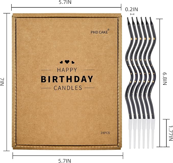 PHD CAKE 24-Count Black Gold Spiral Long Thin Birthday Candles, Cake Candles, Birthday Parties, Wedding Decorations, Party Candles