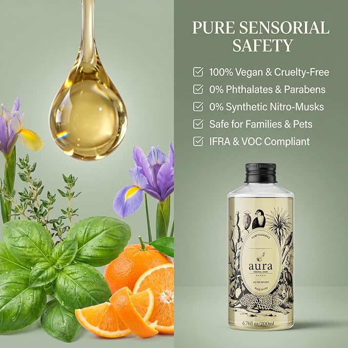 A U R A - Ponza Fragrance Oil for Waterless Scent Diffuser - Inspired by J. Malone Lime Basil Mandarin | 6.7 fl oz / 200 ml Essential Oil Blend for Aromatherapy & Hotel Collection Diffuser