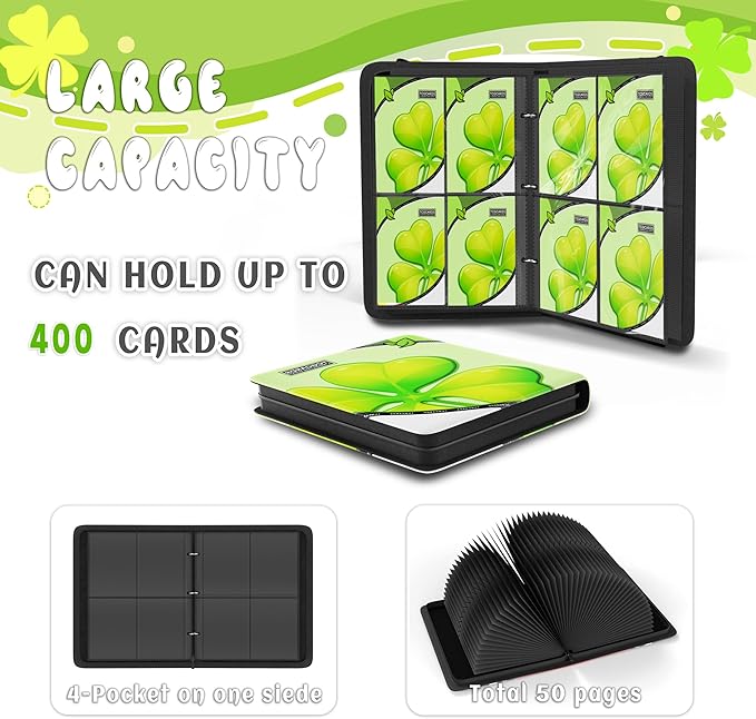 Trading Card Binder 4 Pocket, Card Binder 400 Pockels Card Book Holder Cards with 50 Removable Sleeves, 3-RingZip Design MTG/TCG/Sport Collectible Trading Card Albums Gifls for Boys and Girls (Leaf）