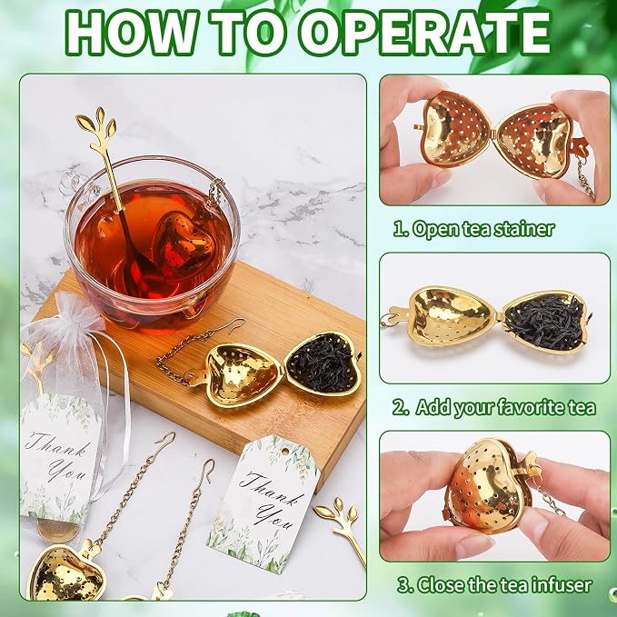 50 Sets Bridal Shower Tea Party Favor for Heart Shape Infuser Ball for Loose Guest Leaf Tea Spoon with Thank You Card Organza Bag Wedding Favors Tea Party Decorations Elegant Party Favors(Gold)