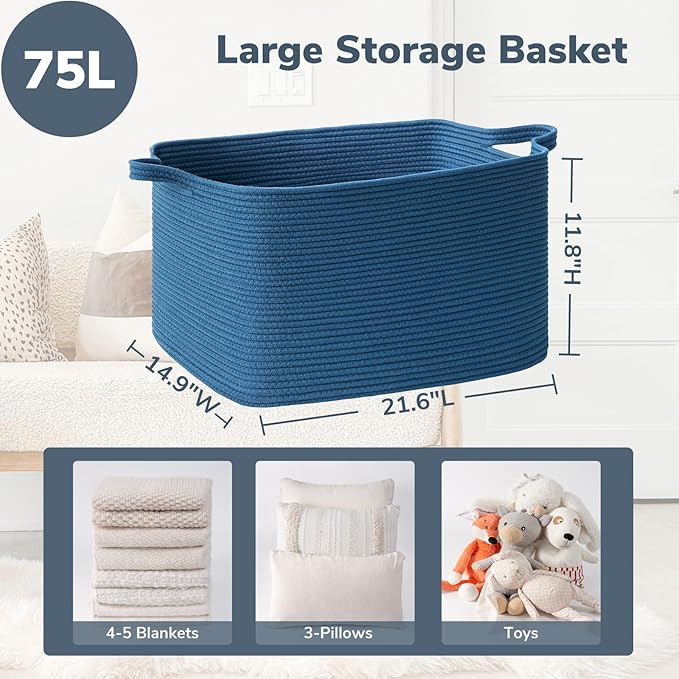 Goodpick Large Woven Rope Blanket Basket, Rectangle, Dark Blue | 21.6'' x 14.9'' x 11.8'' Storage Basket for Blankets & Toys, Living Room, Bedroom & Nursery Organization, Reinforced Handles