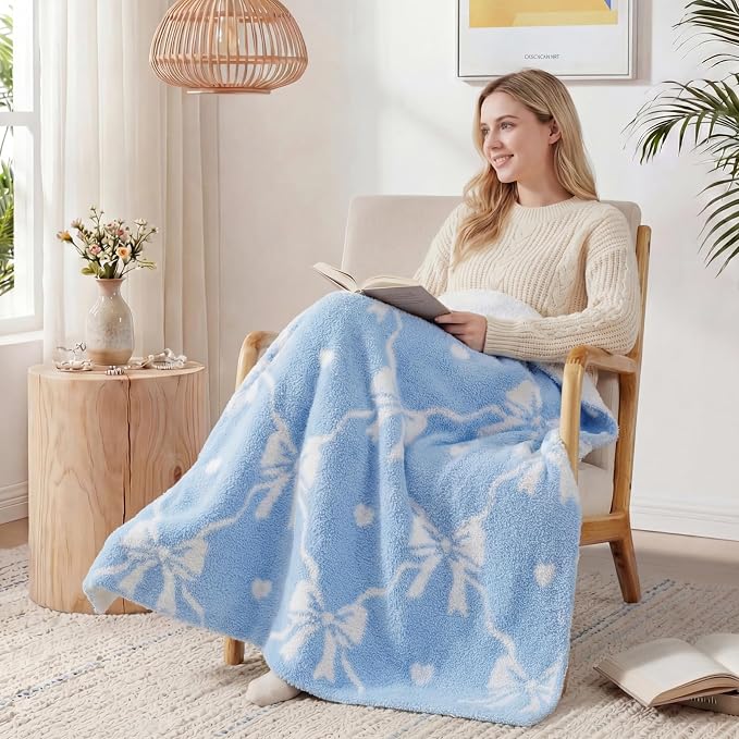 Soft Throw Blanket for Couch-Cozy Reversible Knitted Blankets | Lightweight Warm Fluffy Decor for Women, Mom, Her & Girls, Sofa, Chair, Bed, 50x60in, Blue Bow