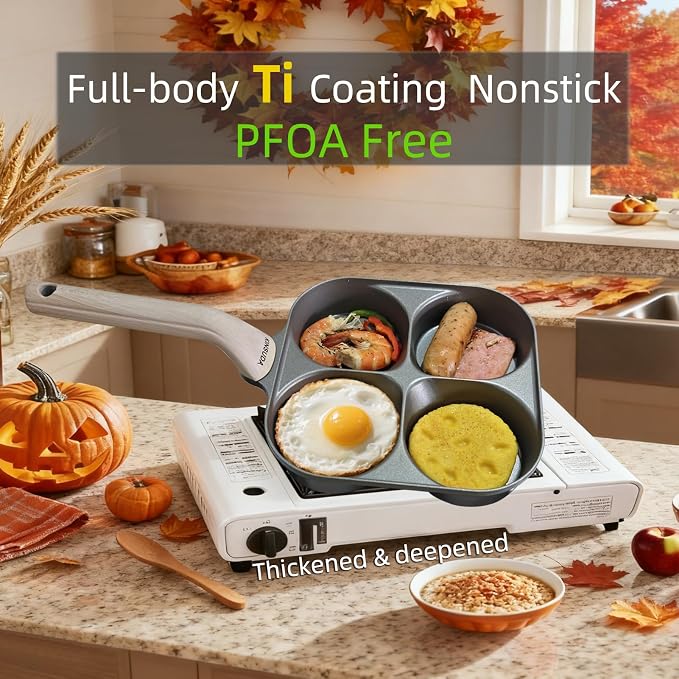 4-Cup Divided Titanium Nonstick Egg Skillet, 4-In-1 Breakfast Pan for Eggs, Pancakes, Crepes, Patties & Omelettes, Induction & Gas Compatible, PFOA/PTFE Free