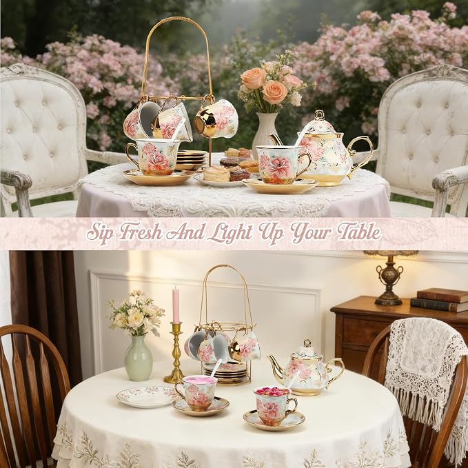 20 Pcs Porcelain Tea Set with Metal Holder, European Ceramic Tea Set for Adults, Antique Enamel Tea Cup Saucer Set for Party, Coffee Tea Gift Sets with Pink Flower Painting (Pink Enamel)
