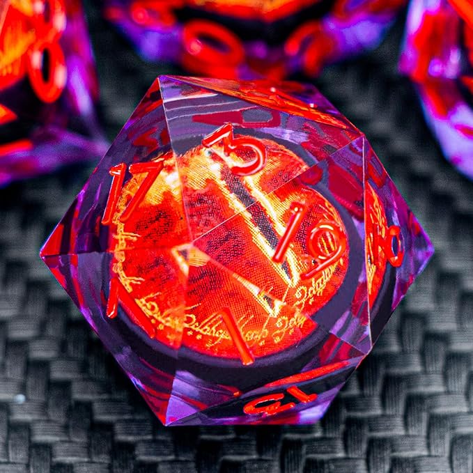 ARUOHHA DND Resin Dice Gazes Eye Dice Purple Red Liquid Core Flaming RPG Sharp Edged Dice Set with Gift Box, Polyhedral D and D Dice Set Compatible with Dungeons Dragons Role Playing Game D20 D6