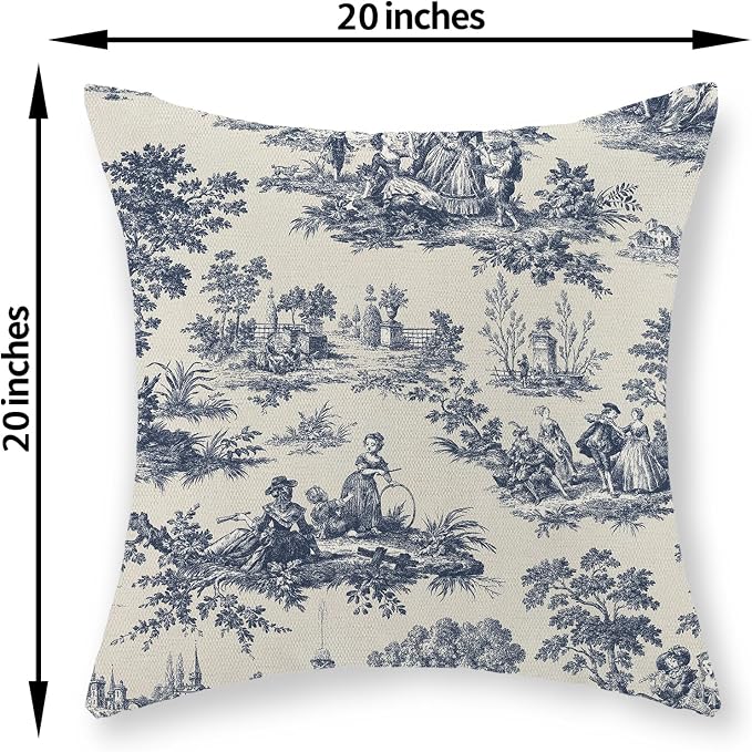 French Country Pillow Covers 20x20 Set of 2 Vintage Toile Blue Throw Pillows French Country Decor Outdoor Pillowcase Rustic Cottage Linen Decorative Farmhouse Cushion Case for Couch Bed Sofa