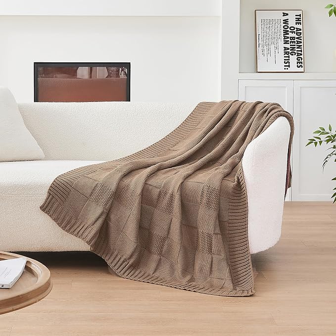 CozeCube Light Brown Knitted Checkered Throw Blanket 60"X80" | Check Knit Throw for Couch, Decorative Christmas Soft Cozy Warm Blanket for Bed Sofa Living Room