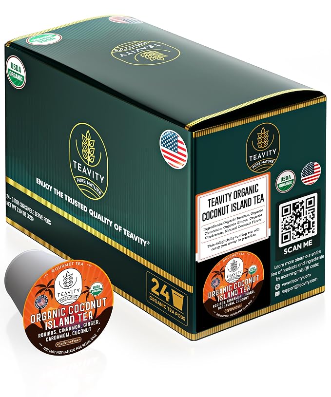 Coconut Island Teavity Keurig-Compatible Pods – Organic Rooibos Blend with Ginger, Cinnamon, Cardamom & Coconut (24 Count)