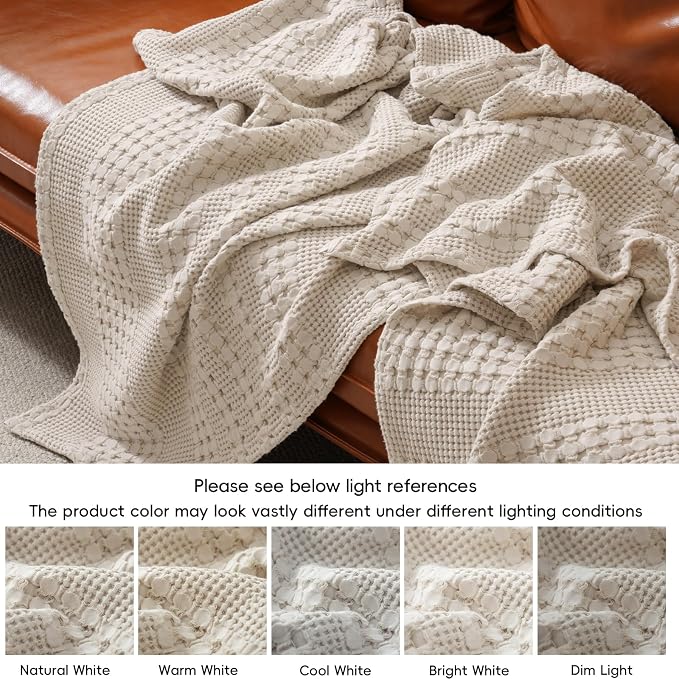 PHF 100% Cotton Waffle Weave Blanket King Size, Lightweight Breathable Summer Blanket for Hot Sleepers, Pre-Washed Soft Layer for Bed, Couch, Home Decor Gift, 108"x90", Light Taupe/Oatmeal