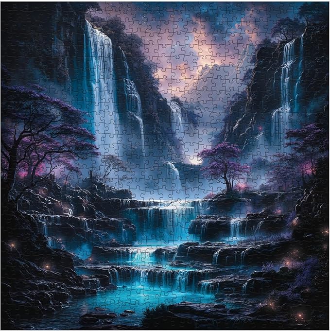 Fantasy Waterfall Landscape Puzzles for Adults 1000 Pieces, Purple Scenery Mountain Jigsaw Puzzle, Beautiful Difficult Art Puzzles