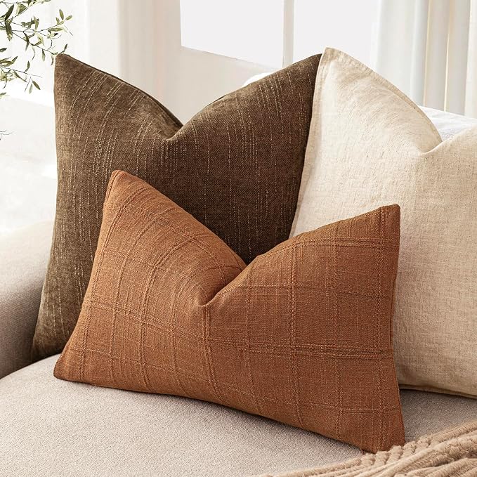 Foindtower Set of 2 Decorative Linen Check Throw Pillow Covers Neutral Farmhouse Lumbar Cushion Covers Modern Boho Home Decor for Sofa Chair Couch Bedroom Living Room,12×24 Inch,Orange