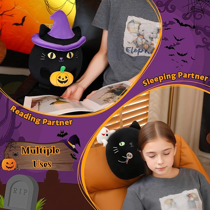 Halloween Candy Cat Stuffed Animal Toy, Black Cat Plush with Ghost and Candy for Home Decor, Halloween Party Gift for Kids（Candy Cat 10 Inch）