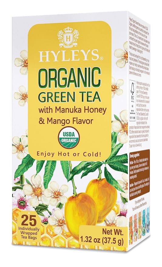 HYLEYS Organic Green Tea, Manuka Honey and Mango Flavor, 150 Tea Bags (6 Pack of 25) - Individually Wrapped Tea Bags - USDA Organic - Kosher & Vegan