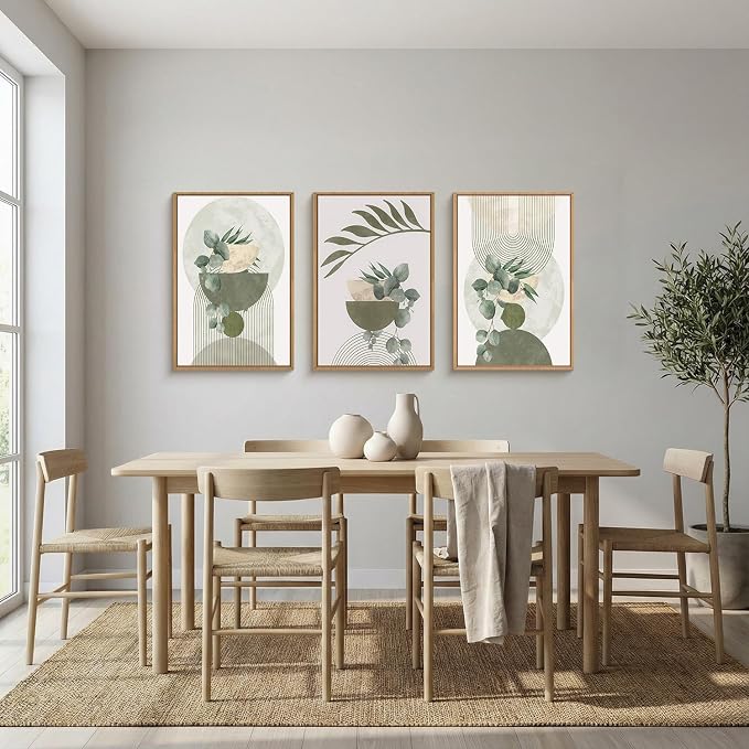 FWIEXA Sage Green Plant Canvas Wall Art Set 3, Abstract Geometric Line Botanical Framed Prints, Beige Minimalist Boho Leaf Paintings,24x36In Mid Century Modern Artwork for Living Room,Bedroom,Office
